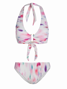 Shana Top   Classic Midrise Bottom In Hazy Ikat Ivory bikini bottom with tie sides, swim top for sunbathing