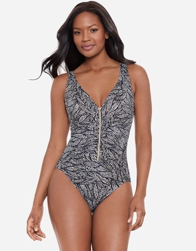 Shore Leave Zipt Swimsuit - Black and White womens resort swimwear, flattering one-piece swimsuits