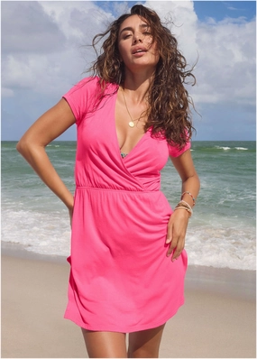 Short Sleeve Cover-Up Dress - Bright Pink plain swimwear women, minimalist swimsuits