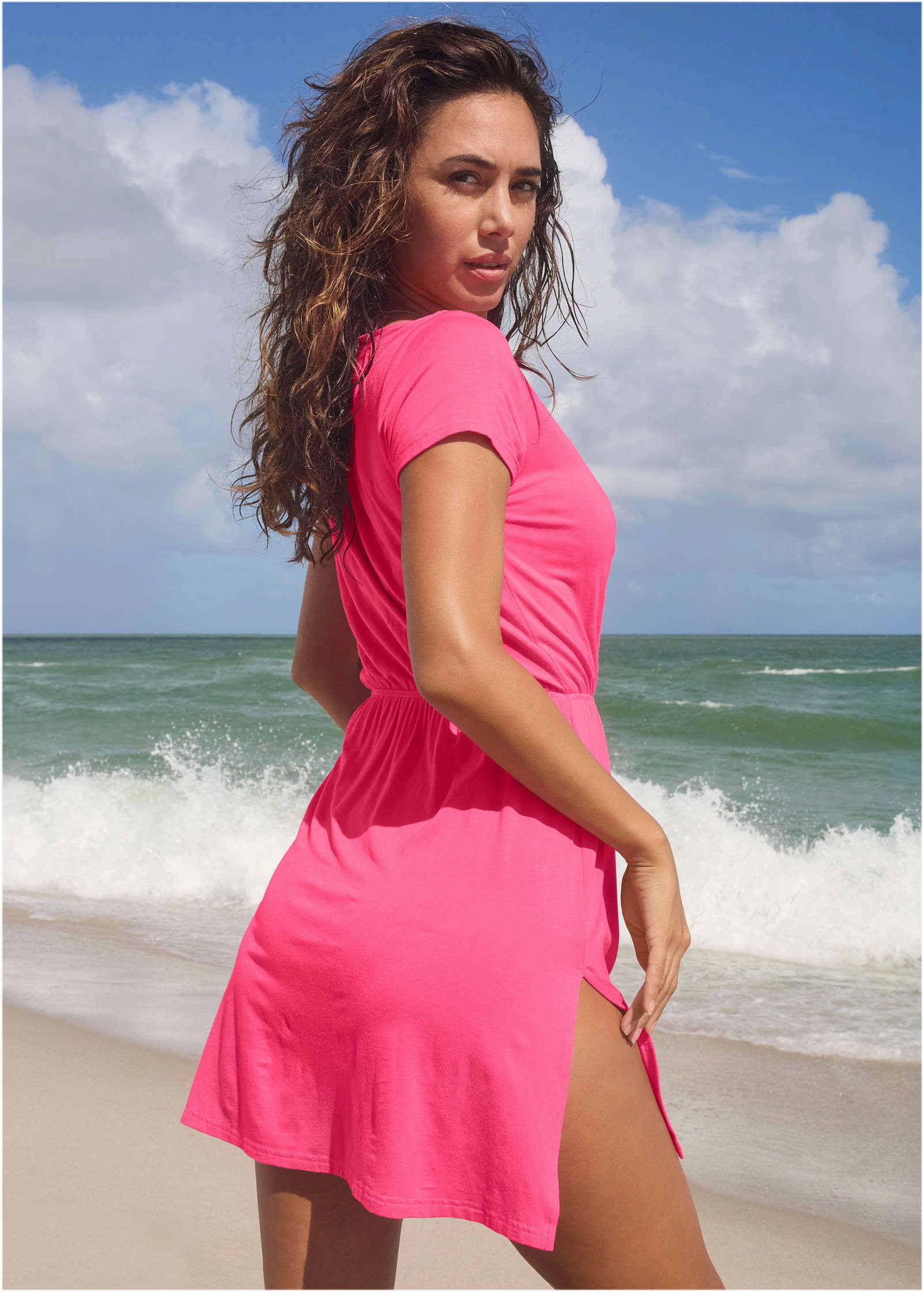 Short Sleeve Cover-Up Dress - Bright Pink