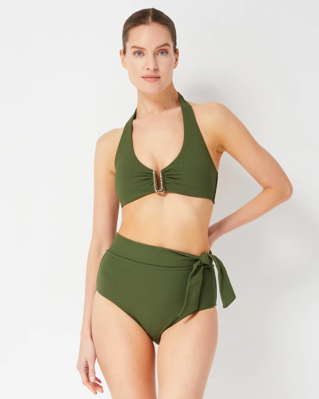 Side Tie High Waist Bottom Olive Textured Stripe