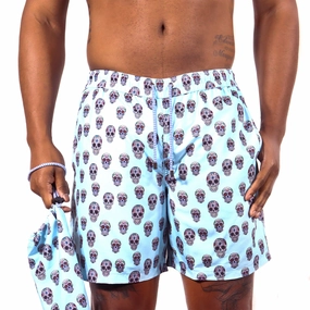Sky Blue with Sugar Skulls mens beach swimwear, quick dry mens swimsuits