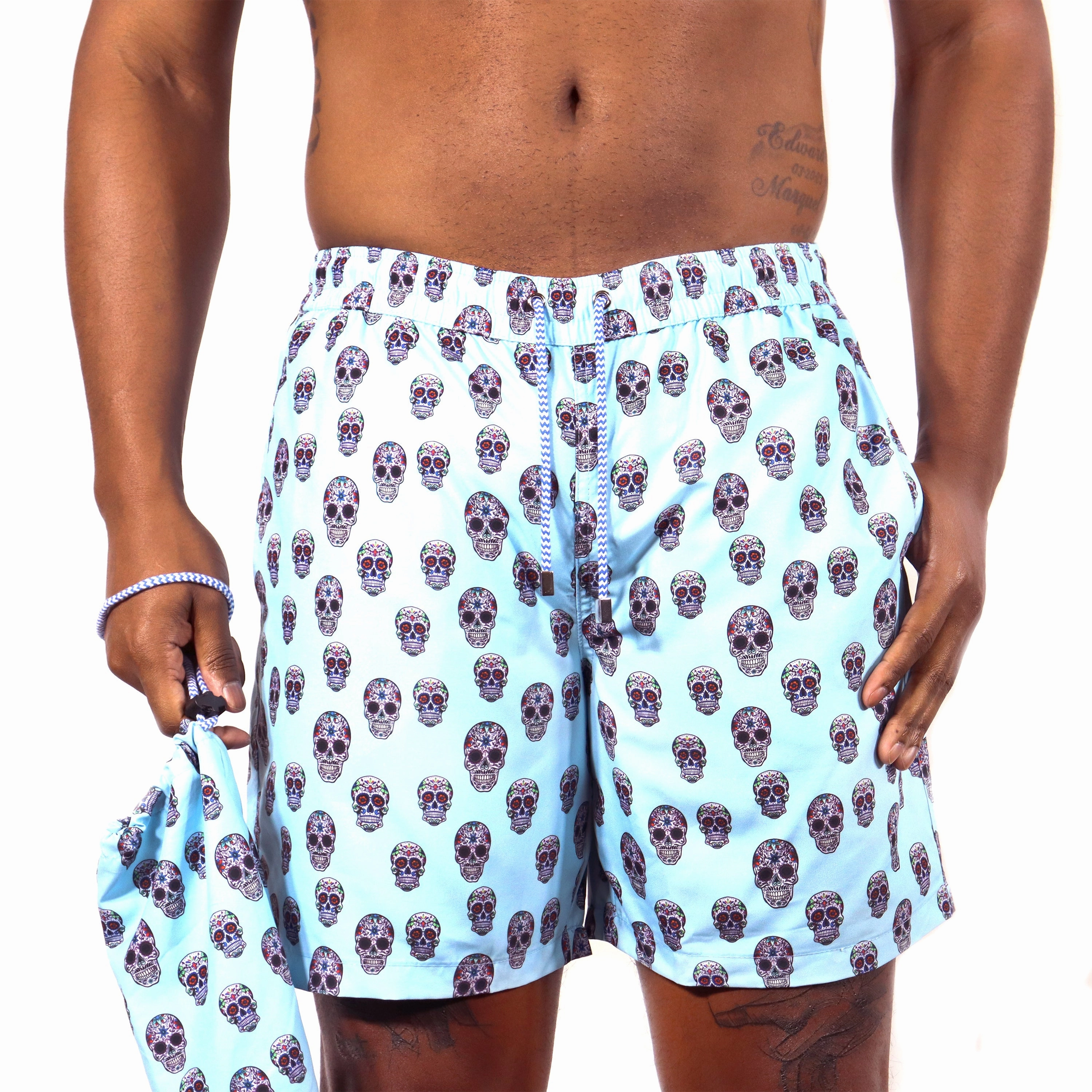 Sky Blue with Sugar Skulls mens beach swimwear, quick dry mens swimsuits