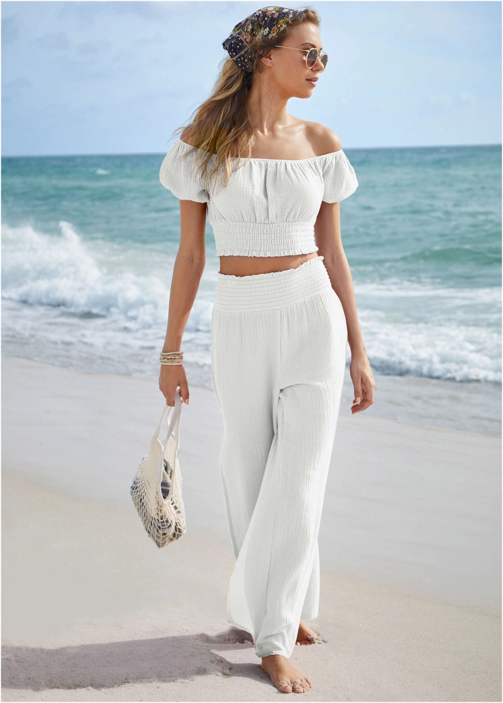 Slit Cover-Up Pants - White swimwear with tummy control, elegant swimsuits for women