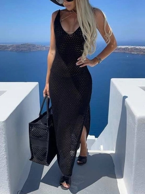 Slit Openwork V-Neck Sleeveless Cover Up stretchy swimwear for women, soft fabric swimsuits for ladies