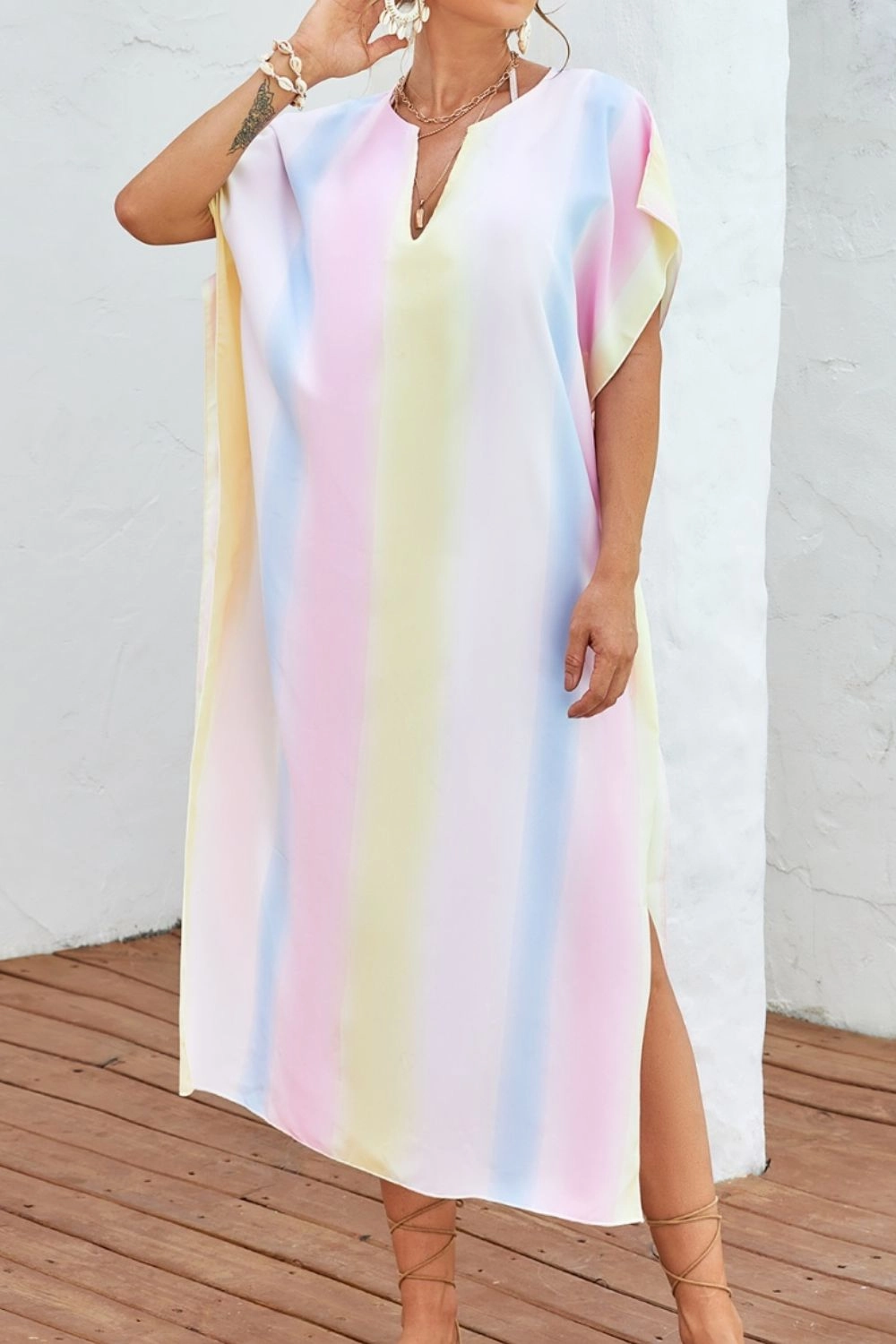 Slit Striped Notched Short Sleeve Cover Up durable swimwear women, travel-ready swimsuits for women