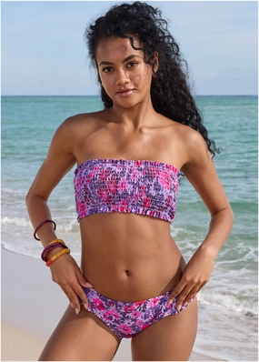 Smocked Bandeau Top - Ditsy Pink Purple bandeau bikini tops, triangle swim tops
