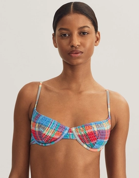 Smocked Madras Underwired Balconette Bikini Top - Multi full coverage swim tops, cute bikini tops
