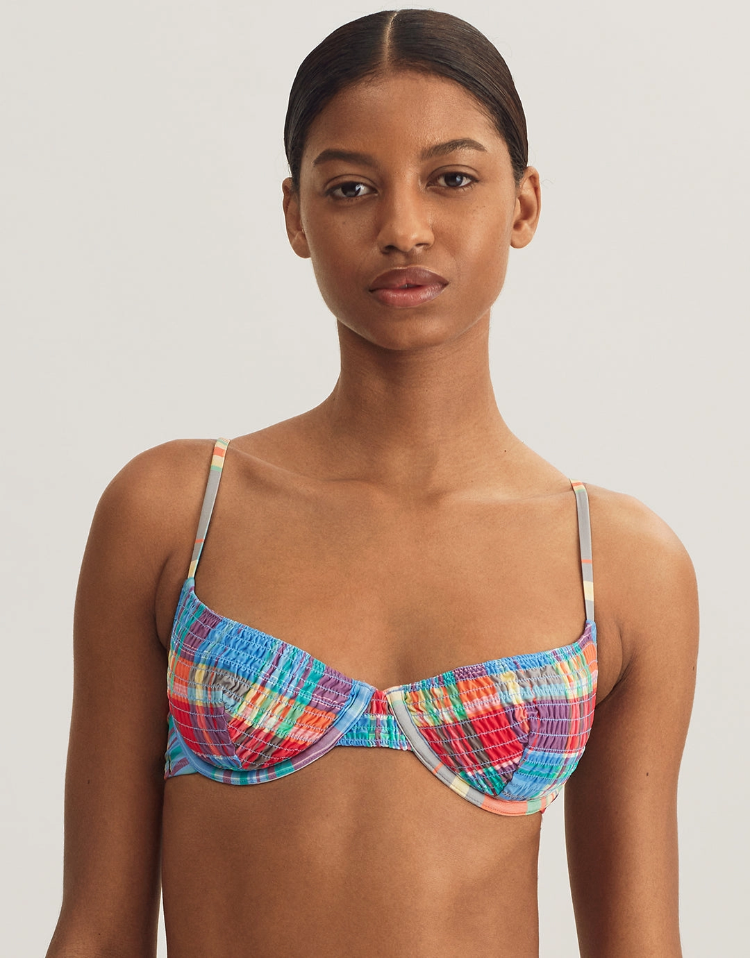 Smocked Madras Underwired Balconette Bikini Top - Multi full coverage swim tops, cute bikini tops