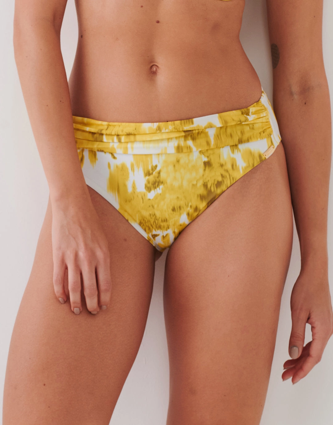 Soft Focus Florals Ruched Band Bikini Pant - Vivid Yellow adjustable swim bottoms women, flattering bikini bottoms