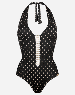 Soul Spots Plunge Halter Swimsuit - Black pool-ready swimwear for women, trendy swimwear collection