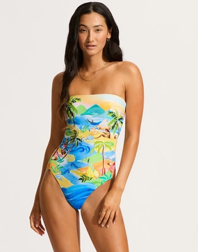South Pacific Bandeau Swimsuit - Turquoise womens resort swimwear, flattering one-piece swimsuits