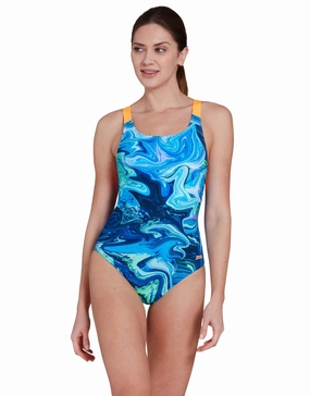 Spatial Speedback Swimsuit - Blue/Orange minimalistic swimsuits women, sleek swimwear styles
