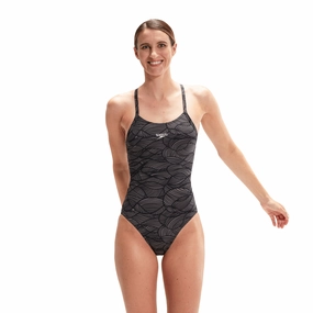 Speedo Fixed Crossback Womens Swimsuit - Black/Grey swim training suits women, performance one piece swimsuits