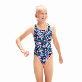 Speedo Girl's Digital Allover Leaderback Swimsuit - Black/Blue swim training suits women, performance one piece swimsuits