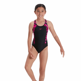 Speedo Girl's HyperBoom Splice Muscleback Swimsuit - Black/Pink swim training suits women, performance one piece swimsuits
