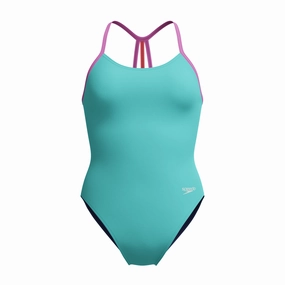 Speedo Girl's Lane Line Back Swimsuit - Blue/Kiki Pink swim training suits women, performance one piece swimsuits