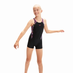 Speedo Girl's Leaderback Legsuit - Black/Lilac swim training suits women, performance one piece swimsuits