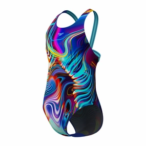 Speedo Girls' Digital Printed Powerback Swimsuit - Blue/Purple swim training suits women, performance one piece swimsuits