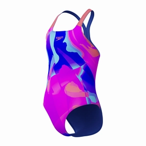 Speedo Girls' Digital Printed Powerback Swimsuit - Pink/Blue swim training suits women, performance one piece swimsuits