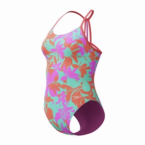 Speedo Girls Allover Lane Line Back Swimsuit - Purple swim training suits women, performance one piece swimsuits