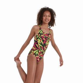 Speedo Girls Hyperboom Medalist Swimsuit - Pink/Green swim training suits women, performance one piece swimsuits