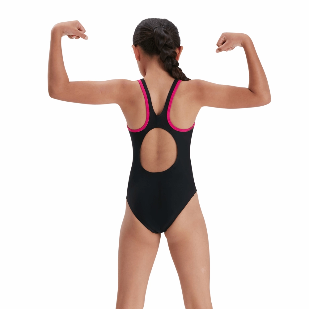 Speedo Junior Girl's Boom Logo Splice Muscleback Swimsuit - Black/Pink