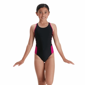 Speedo Junior Girl's Boom Logo Splice Muscleback Swimsuit - Black/Pink swim training suits women, performance one piece swimsuits
