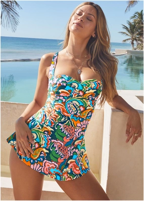 St. Tropez Swim Dress - Fiesta Paisley classic one piece swimwear, stylish single piece swimsuits