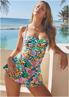 St. Tropez Swim Dress - Fiesta Paisley swimwear for all body types, comfortable womens beachwear