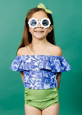 Sweet Pea Green | Mini Down in Front Ruffle Bottoms toddler girl swimwear, summer swimwear for girls