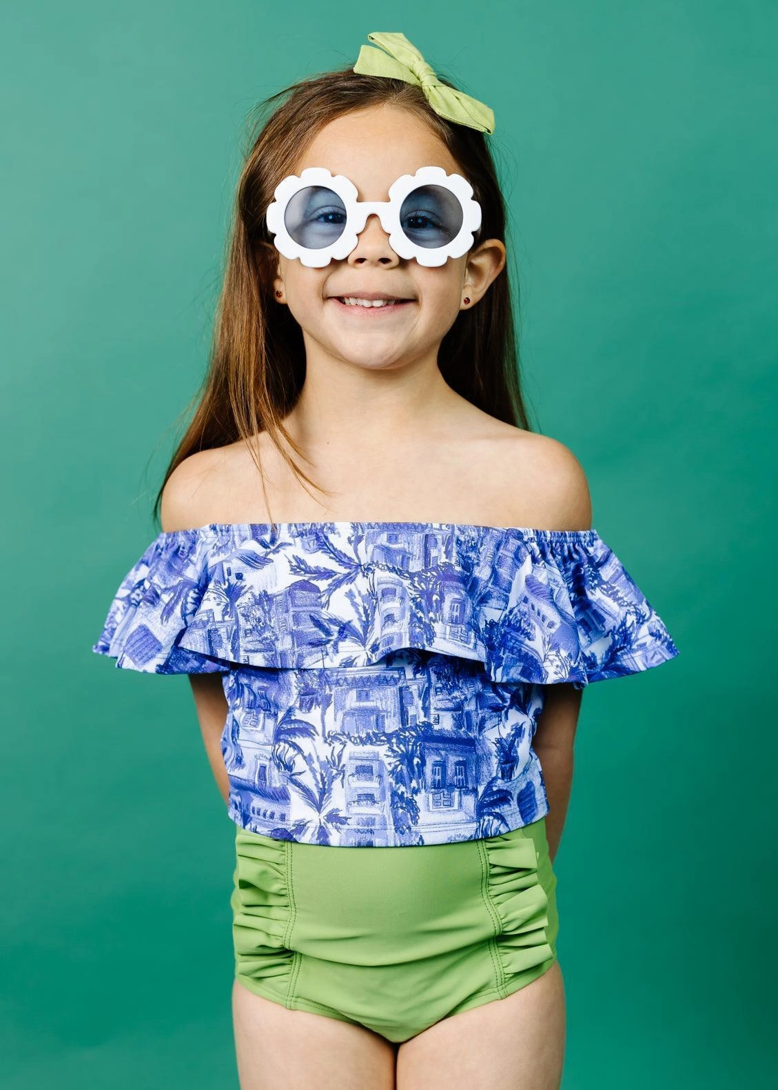Sweet Pea Green | Mini Down in Front Ruffle Bottoms toddler girl swimwear, summer swimwear for girls