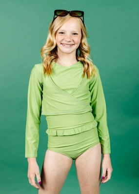 Sweet Pea Green | Youth Wrap Top Rashguard toddler girl swimwear, summer swimwear for girls