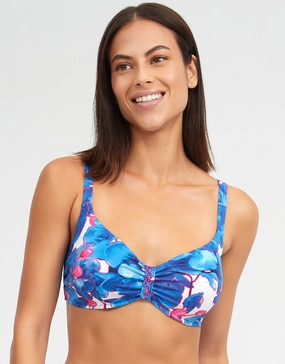 Tahiti Underwired Bikini Top - Blue Floral full coverage swim tops, cute bikini tops