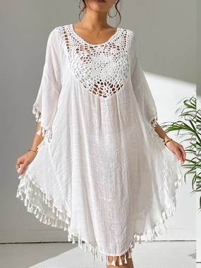 Tassel Cutout Scoop Neck Cover-Up Dress stretchy swimwear for women, soft fabric swimsuits for ladies