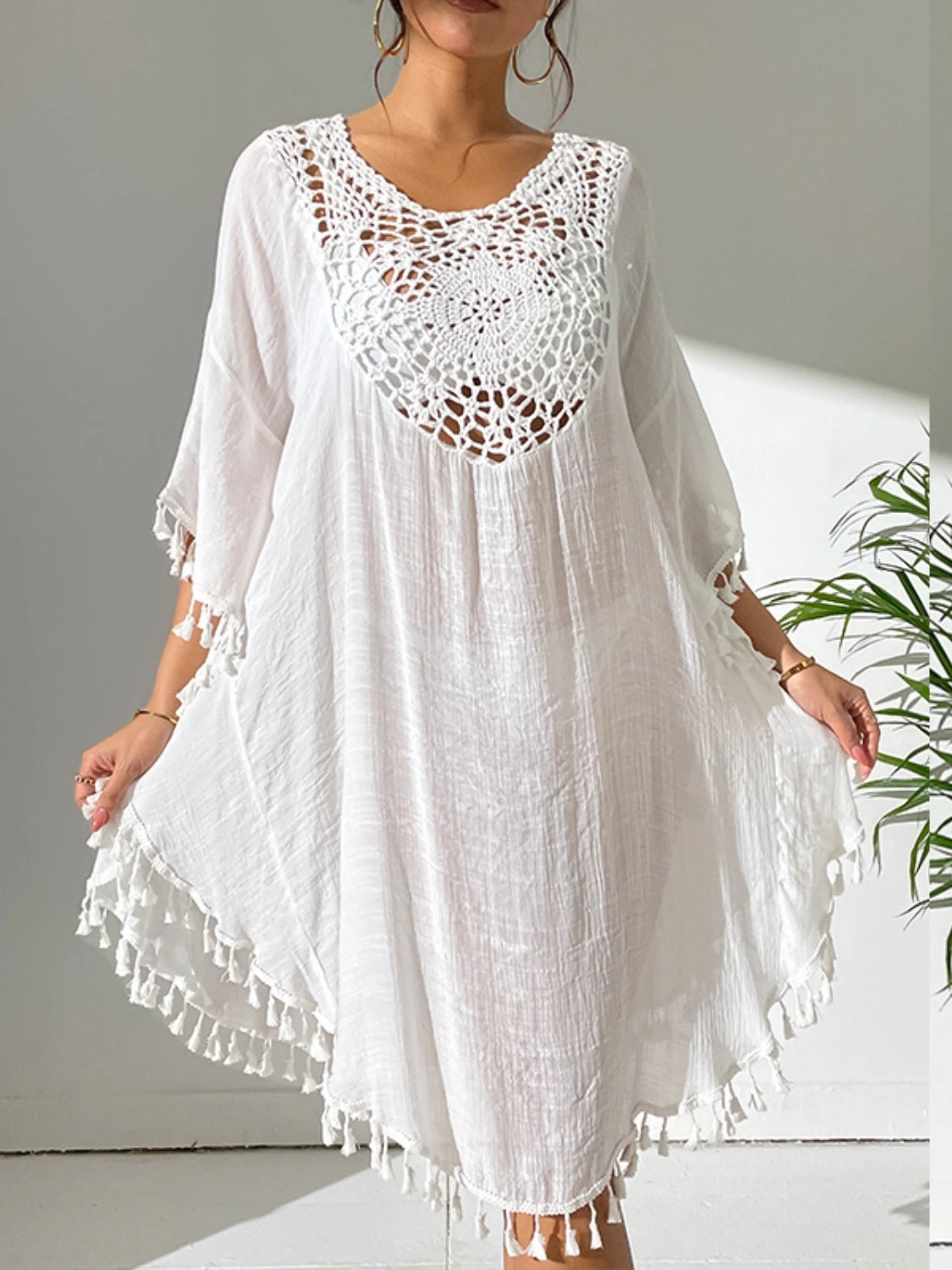 Tassel Cutout Scoop Neck Cover-Up Dress stretchy swimwear for women, soft fabric swimsuits for ladies