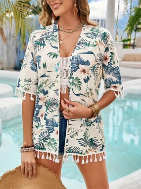 Tassel Printed Open Front Half Sleeve Cover-Up stretchy swimwear for women, soft fabric swimsuits for ladies