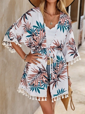 Tassel Tied Printed Half Sleeve Cover Up stretchy swimwear for women, soft fabric swimsuits for ladies