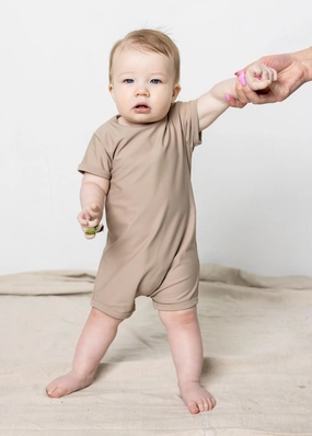 Taupe | Baby Shorties Rashguard (Unisex) boys summer swimwear, boys rash guard swim sets
