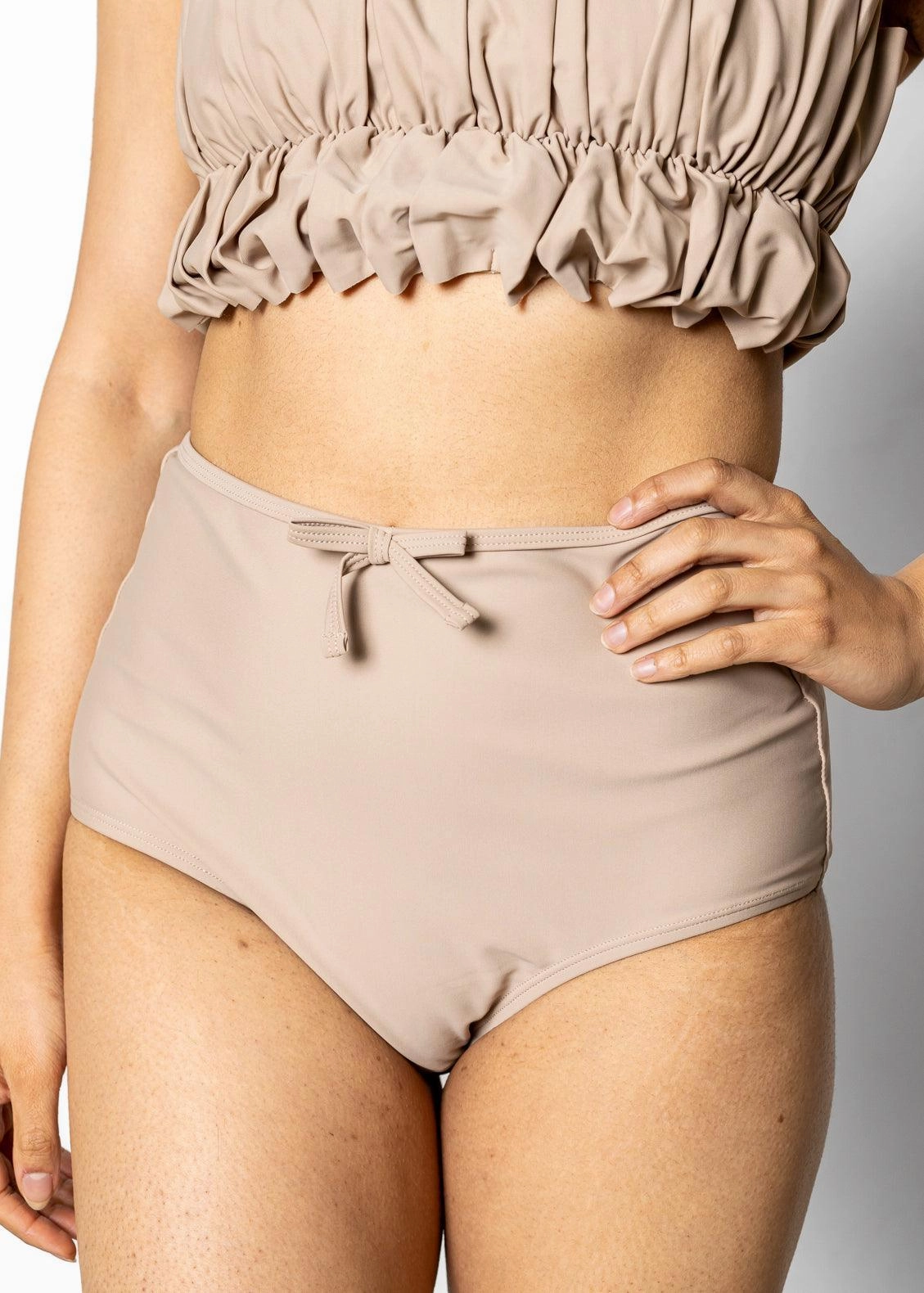 Taupe | Bow Bottoms elastic waistband swim bottoms, mix-and-match bikini bottoms
