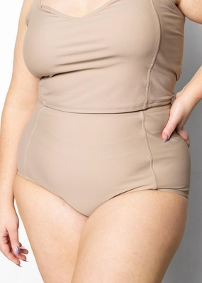Taupe | Extended High-Waisted Bottoms elastic waistband swim bottoms, mix-and-match bikini bottoms
