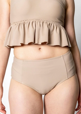 Taupe | Mid-Rise Bottoms elastic waistband swim bottoms, mix-and-match bikini bottoms