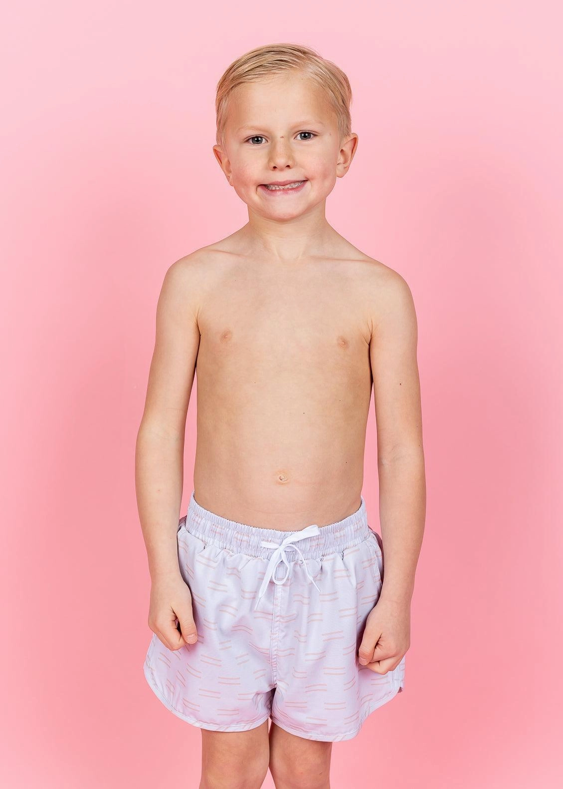 Taupe Dashes | Mini Retro Shorties boys summer swimwear, boys rash guard swim sets