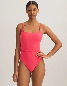 Terry Belted Kennedy Swimsuit - Coral womens resort swimwear, flattering one-piece swimsuits