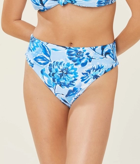 The 90s High Waist Bikini Bottom - Glossy Eco Nylon - Blue Floral (Archive) classic swimwear for women, everyday swimwear ladies