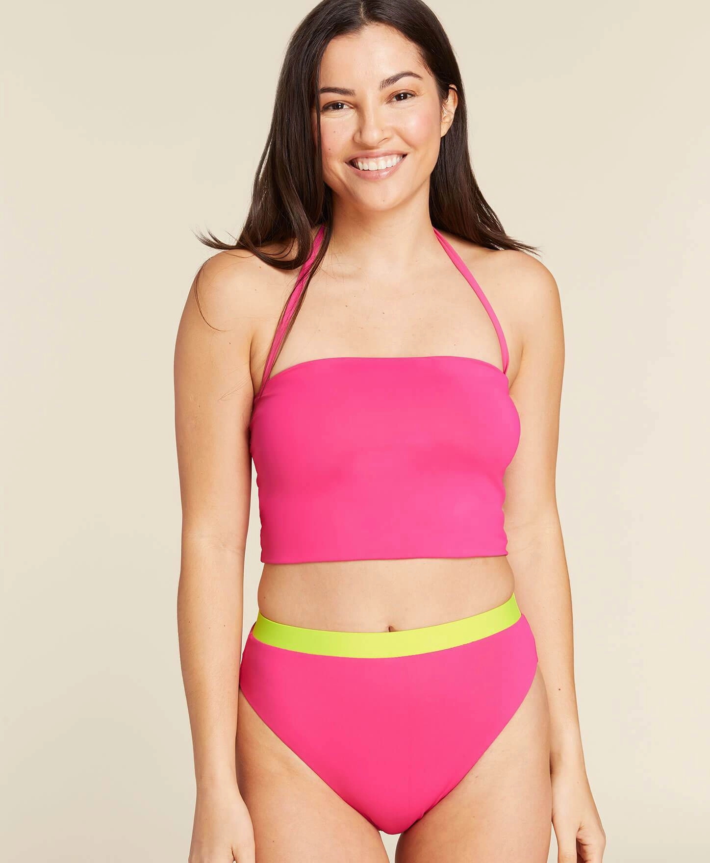 The Archive Banded High Waist Bikini Bottom - Flat - Neon Hibiscus classic swimwear for women, everyday swimwear ladies