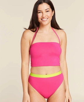 The Archive Banded High Waist Bikini Bottom - Flat - Neon Hibiscus classic swimwear for women, everyday swimwear ladies