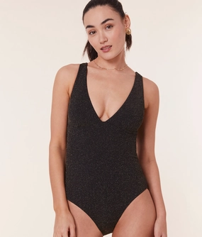 The Augustine One Piece - Lurex Rib - Black - Classic luxury womens swimwear, swimwear for beach vacation