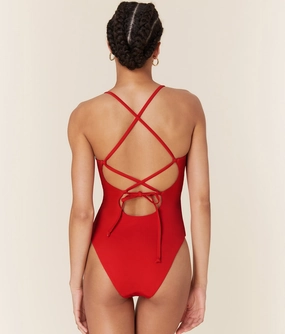 The Fiji One Piece - Eco Nylon - Cherry Red - Long Torso luxury womens swimwear, swimwear for beach vacation