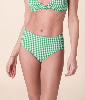 The High Rise Bikini Bottom - Crinkle Gingham - Green Gingham luxury womens swimwear, swimwear for beach vacation